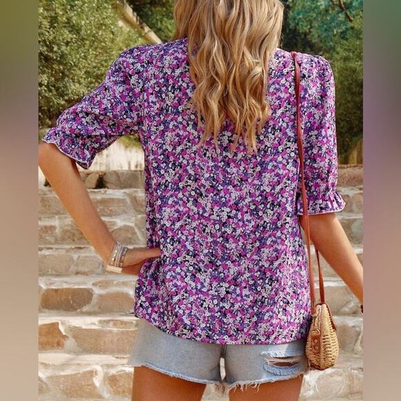 Floral Print Short Sleeve Blouse| Mock Neck with Ruffles - Picture 4 of 7